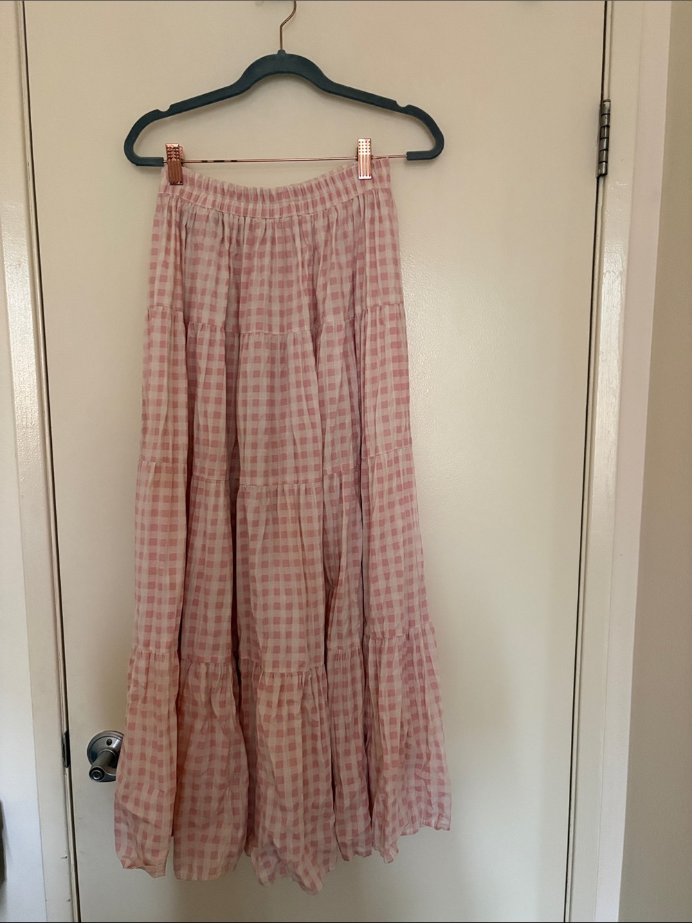 Pink Gingham Tiered Maxi Skirt with Elastic Waistband - Picture 2 of 5